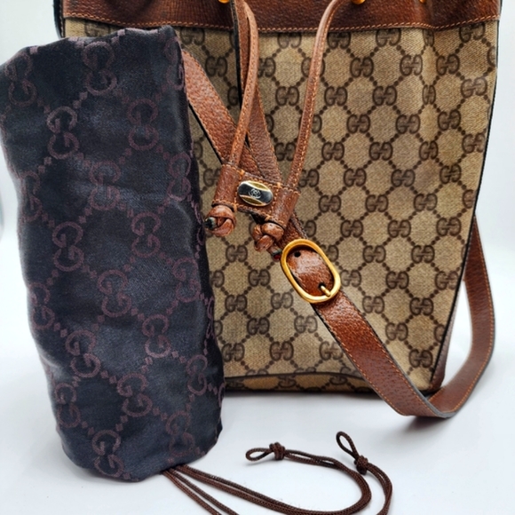 Gucci Vintage Mini Bucket Drawstring Crossbody GG Canvas Leather Web + Dust Bag - Picture 5 of 16